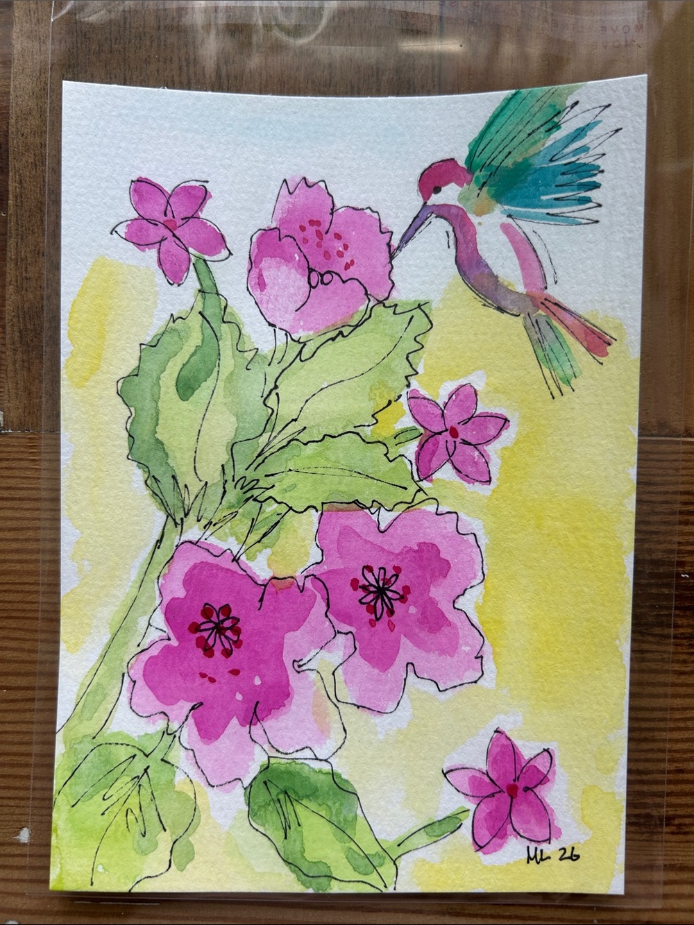 Original Watercolor Hummingbird & Pink Floral Painting